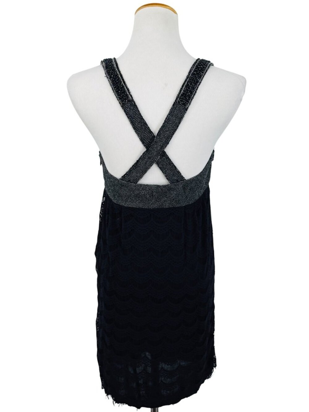 VTG NWT Free People Herringbone Lace Beaded Mini Dress | Indie Sleaze Boho Twee - Picture 8 of 16